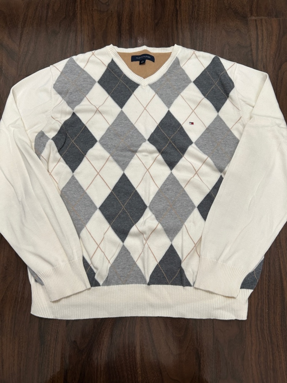 Tommy Hilfiger Cream and Gray Argyle V-Neck Sweater